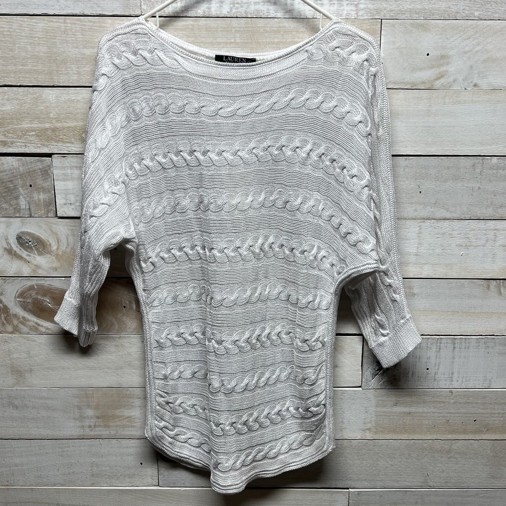 Lauren Ralph Lauren Sweater Top Large White Cable Knit Short Sleeve Black Label